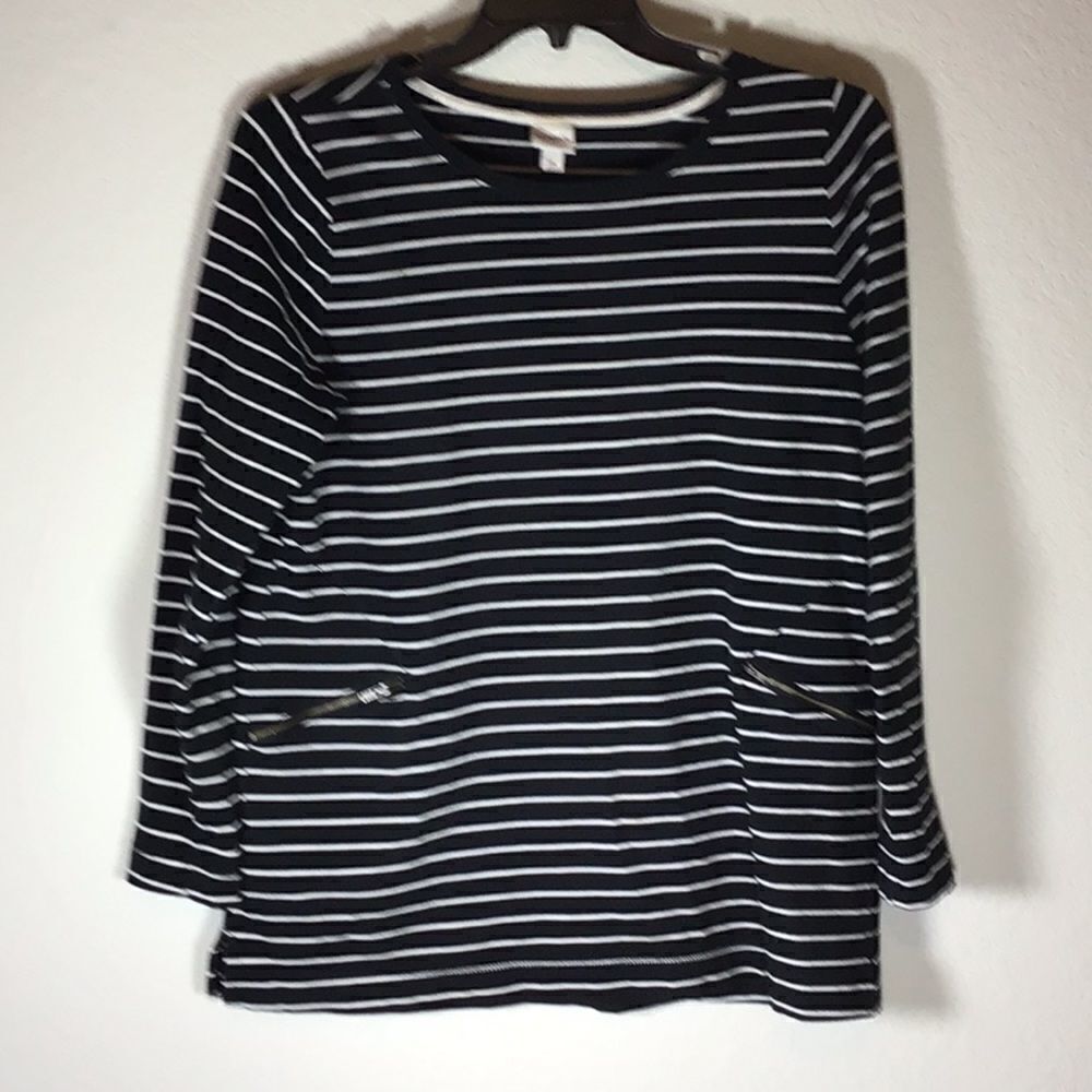 Merona Top Target Black White Stripe Scoop Neck Long Sleeve Zipper Pockets XL